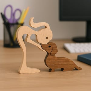 Family Puppy Wood Dog Figurine – Handcrafted Pet Sculpture – Desktop Table Ornament – Home Office Carving – Christmas Gift for Dog Lovers