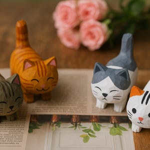Handmade Wooden Cat Figurine – Creative Desk Ornament for Kitten Lovers, Small Animal Wood Sculpture, Cute Home Decor