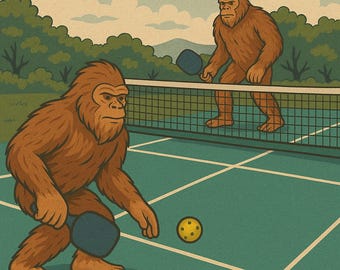 Bigfoot Playing Pickleball Vintage Art Print  Funny Sasquatch Wall Decor, Pickleball Gift, Rustic Lodge Wall Art, 300 DPI Printable Download