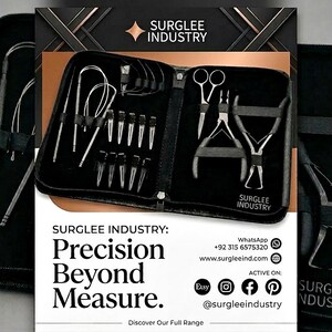 May include: Black leather case with surgical instruments, including scissors, forceps, and probes. The case is open, revealing the tools neatly arranged. The text "SURGLEE INDUSTRY: Precision Beyond Measure" is visible.