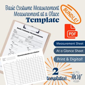 Op de afbeelding: Een digitale PDF-bundel met twee kostuummeetsjablonen. De afbeelding toont een klembord met een meetstaat, een grafiek en de tekst "Basic Costume Measurement Measurement at a Glance Template". Bevat "Measurement Sheet", "At a Glance Sheet" en "Print & Digital!"