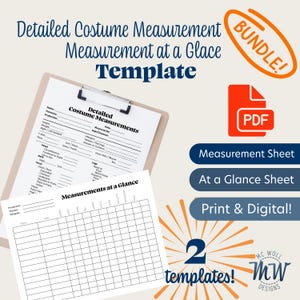 May include: A clipboard with a detailed costume measurement template and a "Measurements at a Glance" sheet. The image includes a PDF icon, the word "BUNDLE!", and text that reads "Measurement Sheet", "At a Glance Sheet", and "Print & Digital!"