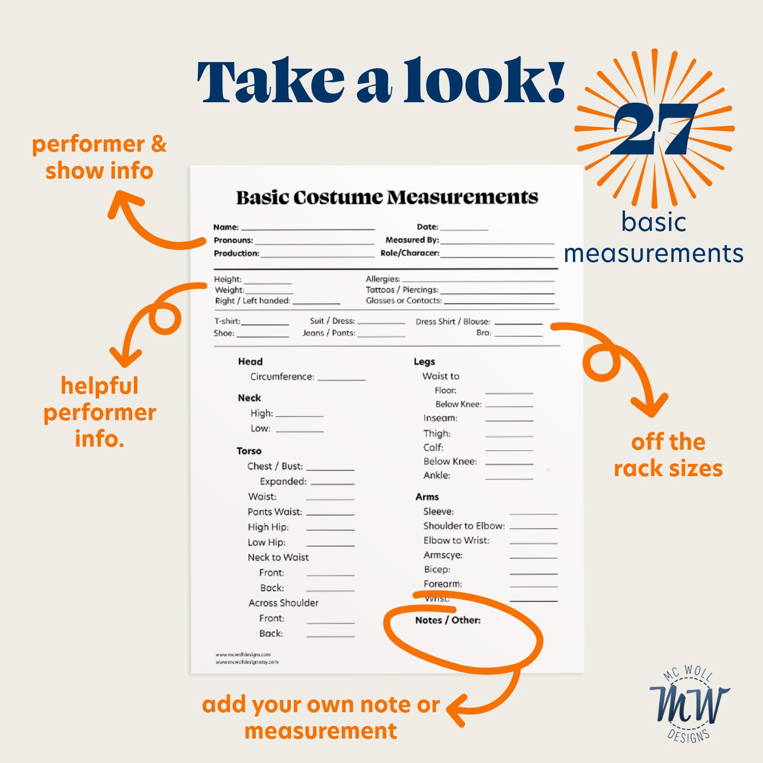 Basic Costume Measurement PDF Template Download - Etsy