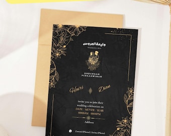 Classic Malay Wedding Invitation Template: Black & Gold Floral (CANVA)