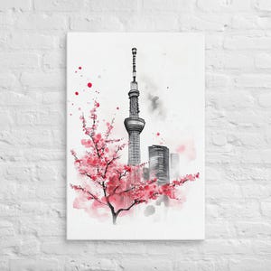 Japan Wall Art – Tokyo Skytree Canvas Wall Art – Cherry Blossom Ink Painting, Japanese Sumi-e Print, Modern Minimalist Japan Decor