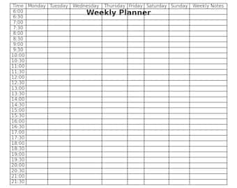 May include: A black and white weekly planner with a grid layout. The planner has columns for each day of the week, Monday through Sunday, and rows for each half hour from 6:00 AM to 9:30 PM. The planner also includes a column for weekly notes.