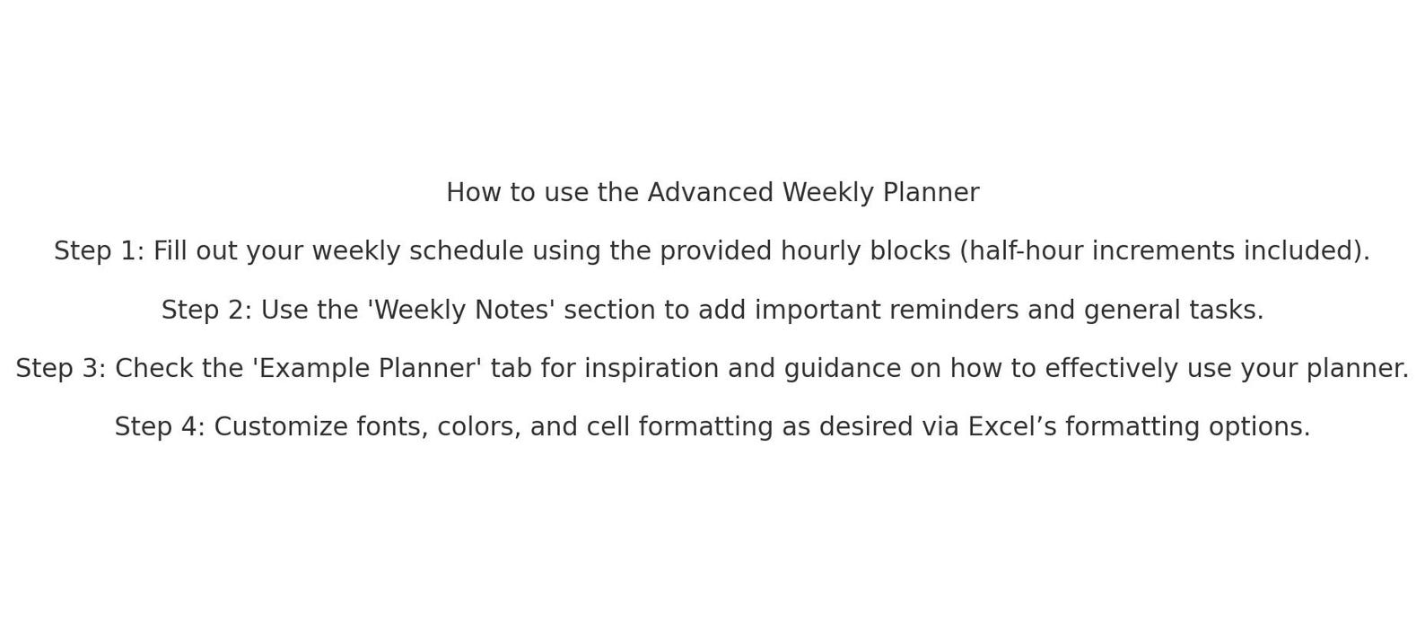 Advanced Weekly Planner Excel Template | Hourly & Half-hour Schedule ...