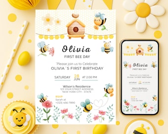 Bee First Birthday Invitation Template, Editable Yellow (Instant Download)