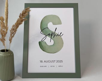 Personalisiertes Geburtsposter - Aquarell | A4 Druck mit/ohne Rahmen | Geschenk Geburt Baby | Kinderzimmer Deko mit Namen