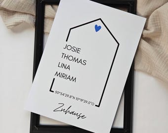 Personalisiertes Familien Poster "Zuhause" | A4 Poster mit/ohne Rahmen | Einzugsgeschenk personalisiert mit Namen & Koordinaten der Adresse