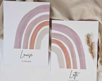 Zwillinge Geburtsposter Set | 2 personalisierte Prints Regenbogen | A4 mit/ohne Rahmen | Geschenk zur Geburt
