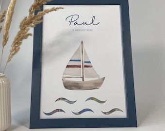 2 in 1 Geldgeschenk & Wandbild | Geschenk zur Taufe – mit Segelbootmotiv | Geschenk Patenkind | mit/ohne Rahmen