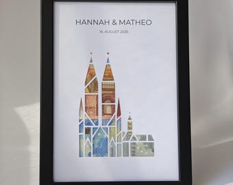 2-in-1 Geldgeschenk & Wandbild | Kölner Dom Geldgeschenk Hochzeit – personalisiert |  Kreatives Hochzeitsgeschenk mit Namen