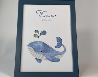 2 in 1 Geldgeschenk & Wandbild | Geschenk zur Taufe – personalisiertes Bild mit Walmotiv | Geschenk von Paten | mit oder ohne Rahmen