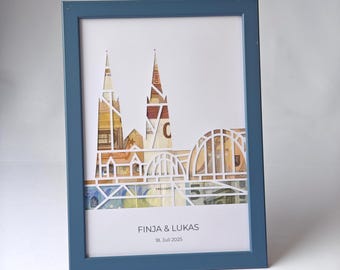 2-in-1 Geldgeschenk & Wandbild | Kölner Dom und Hohenzollernbrücke | Geldgeschenk Hochzeit – personalisiert | Hochzeitsgeschenk mit Namen