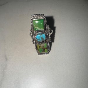 925 Sterling Silver Green Turquoise and Blue Turquoise Statement Ring Size 8