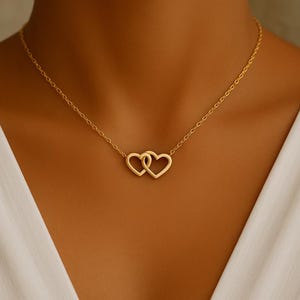 Gold Interlocking Hearts Necklace – Dainty Double Heart Pendant for Women, Minimalist Love Jewelry, Gift for Her