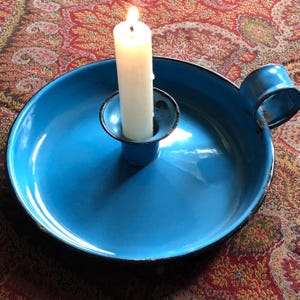 Antique Enamel Candle Holder. French Shabby Chic Brocante. Blue Vintage Bedroom Decor. Wee Willie Winkie Candlestick. Sweet Romantic Gift.
