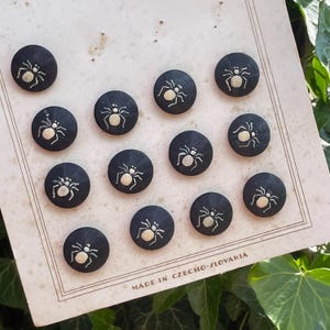 Op de afbeelding: Een set van twaalf ronde zwarte knopen gerangschikt op een crèmekleurige kaart. Elke knoop heeft een witte spinnengrafiek in het midden van een cirkelvormig webpatroon. De kaart bevat de gedrukte tekst MADE IN CZECHO-SLOVAKIA onderaan.
