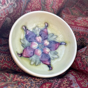 Vintage Moorcroft Columbine Pin Dish. Tiny 3 Inch. 1950s. Dressing Table. China Cabinet. Collector. Mid-century.