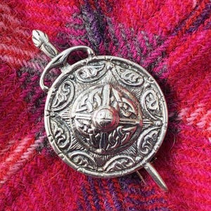 Vintage Scottish Sterling Silver Iona Celtic Brooch, CAI. Alexander Ritchie Design. Iain MacCormick. Claymore and Targe. Kilt. Mid-Century.