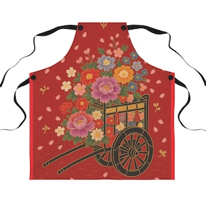 Traditionelle japanische Schürze – Design mit rotem Blumenwagen, viel Glück, Geschenk, Küche, Kochen, Kochschürze