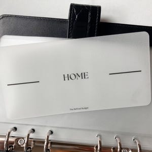 May include: A black leather binder with silver rings, holding a white card labeled "HOME" with black lines. The text "The Refined Budget" is at the bottom of the card. The binder is closed with a black strap.
