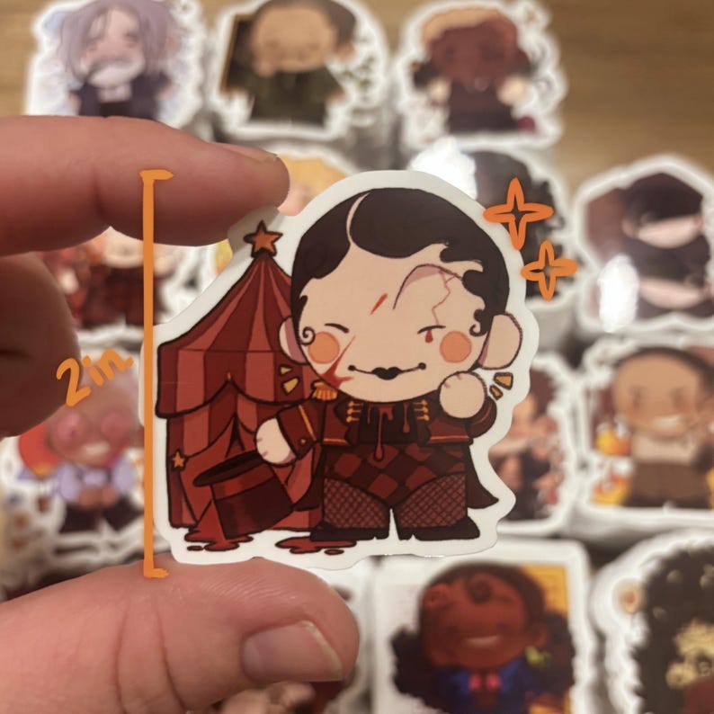 May include: A sticker depicting a cartoon character in a circus outfit. The character has dark hair, a scar, and a black mustache. The sticker is approximately 5 cm tall and includes a red circus tent and a top hat.