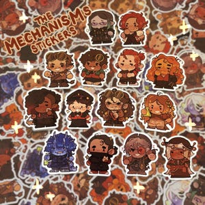 May include: A collection of stickers featuring cartoon characters with steampunk and fantasy themes. The stickers have a variety of colors, including brown, blue, and red. The text "THE MECHANISMS STICKERS" is at the top of the image.