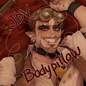 May include: A body pillow cover featuring a digital illustration of a character with brown hair, goggles, and a black collar. The character has pointed ears, a gold tooth, and a heart-shaped earring. The text JDV and Body pillow are visible.