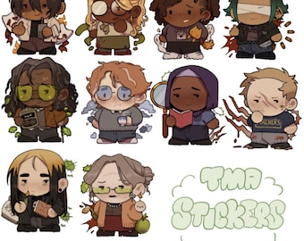 May include: A sheet of stickers featuring stylized illustrations of diverse characters. Each character is depicted in a unique outfit and pose, with various accessories. The stickers are labeled with the text "TMA Stickers" in a green, bubbly font.