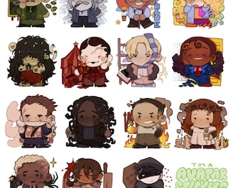 May include: A sheet of colorful TMA Avatar Stickers featuring various cartoon characters. The stickers showcase diverse designs, including characters with unique outfits and accessories. The text "SKY BLUE" is visible on one sticker. The stickers are designed with a cartoon style.
