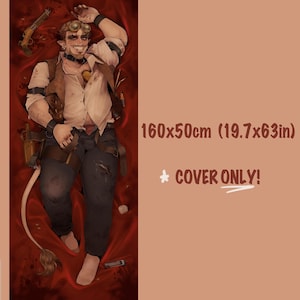 May include: A rectangular body pillow cover measuring 160x50cm (19.7x63in) featuring a printed illustration of a character with pointed ears, goggles, and a vest, lying on a red surface. The text reads 160x50cm (19.7x63in) and COVER ONLY!
