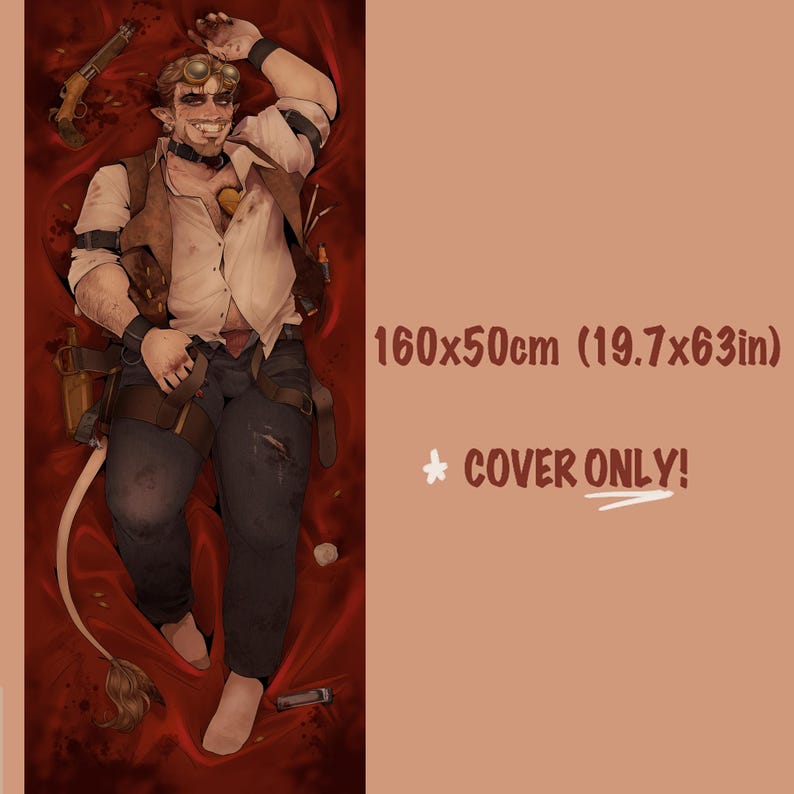 May include: A rectangular body pillow cover measuring 160x50cm (19.7x63in) featuring a printed illustration of a character with pointed ears, goggles, and a vest, lying on a red surface. The text reads 160x50cm (19.7x63in) and COVER ONLY!