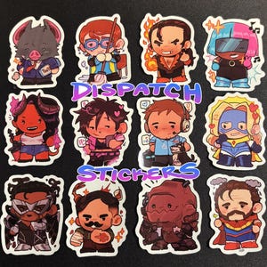 May include: A collection of colorful stickers featuring cartoon characters in various poses. The stickers include the words "DISPATCH" and "STICKERS" in a purple and blue gradient. Each sticker has a unique design and color scheme.
