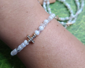 Gold Rhinestone Cross Beaded Bracelet, Cross Bracelet, Religious Bracelet, Faith Bracelet, Dainty Bracelet, Christian Bracelet