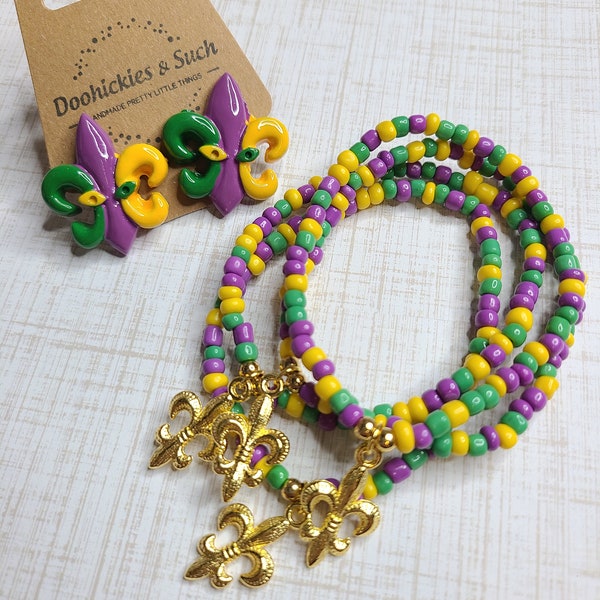 Fleur de Lis Beaded Bracelet, Mardi Gras Bracelet