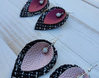 Faux Leather and Fabric Leaf Earrings, Petal Earrings, Statement Earrings