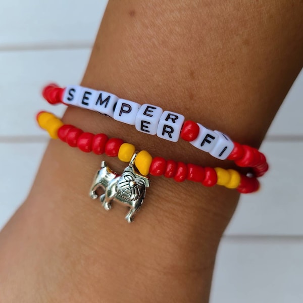 Military Bracelets, US Marines Bracelet, Bulldog Jewelry, Semper Fi, Beaded Stretch Bracelet