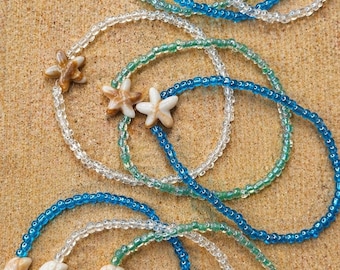 Sea Turtle, Seashell & Starfish Beaded Anklets, Coastal Stretch Anklets, Ocean Inspired Anklets, Summer Gift