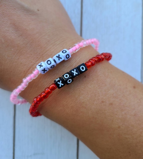 XOXO Pink and Brown Bracelet XOXO Pink Word Beaded Stretch Bracelet Love Valentines Day  main image 4