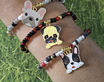 Handmade Dog Charm Beaded Bracelet: Boston Terrier, French Bulldog, Pug