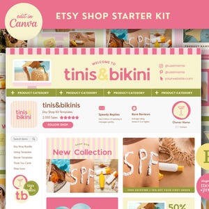 May include: An Etsy shop starter kit template with a pink and yellow color scheme. The design includes the text "tinis & bikini", product category labels, and social media icons. The image also features the text "edit in Canva".