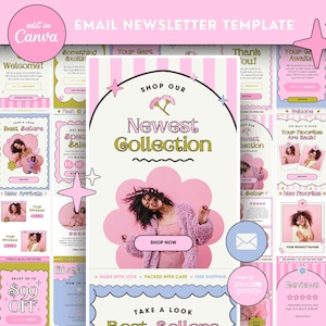 Op de afbeelding: Een digitaal e-mail nieuwsbrief sjabloon met een roze en wit kleurenschema. Het ontwerp bevat verschillende lay-outs met tekst zoals "Nieuwste Collectie", "Bestsellers" en "Speciale Sale!". De sjabloon is ontworpen om te worden bewerkt in Canva.