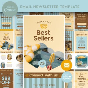 Può includere: Un set di modelli digitali per newsletter via email caratterizzato da una palette di colori azzurro e crema con testo marrone. I design includono sezioni per i best seller, i nuovi arrivi e le vendite flash con elementi grafici.