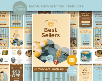 May include: A digital email newsletter template set featuring a light blue and cream colour palette with brown text. The designs include sections for Best Sellers, New Arrivals, and Flash Sales, incorporating graphic elements like pool floats.