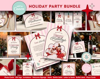 Peut inclure: Un ensemble de fête de fin d'année avec des articles imprimables. Comprend des cartes photo, des étiquettes cadeaux, des invitations, une signalétique de bienvenue, un menu, des étiquettes de bouteilles, une lettre au Père Noël, des étiquettes de buffet et des marque-places.