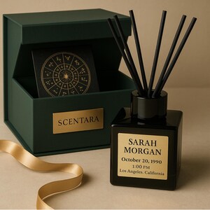 Difusor de varillas de astrología personalizado • Aroma personalizado con carta natal • Nombre grabado + Regalo de lugar de nacimiento • Scentara Home