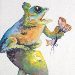 Tarjetas de ocasión plegables en blanco de 5 x 7 pulgadas en papel de lino texturizado de bellas artes, juego de 5, Rana iridiscente comiendo mariposa sobre acuarela de hongo
