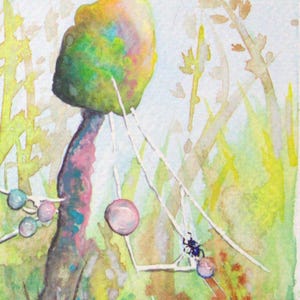 Biglietti d'auguri pieghevoli vuoti da 5 x 7 pollici su carta di lino testurizzata Fine Art, set di 5, Fungo iridescente, acquerello, Coccinella, Goccia di rugiada